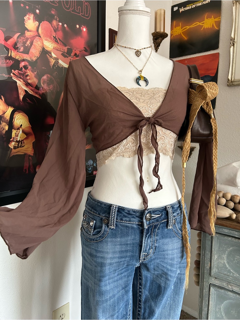 Y2K Brown Shrug Bolero Small Tie Front Bell Sleeve Sheer Fairy Dainty Chiffon